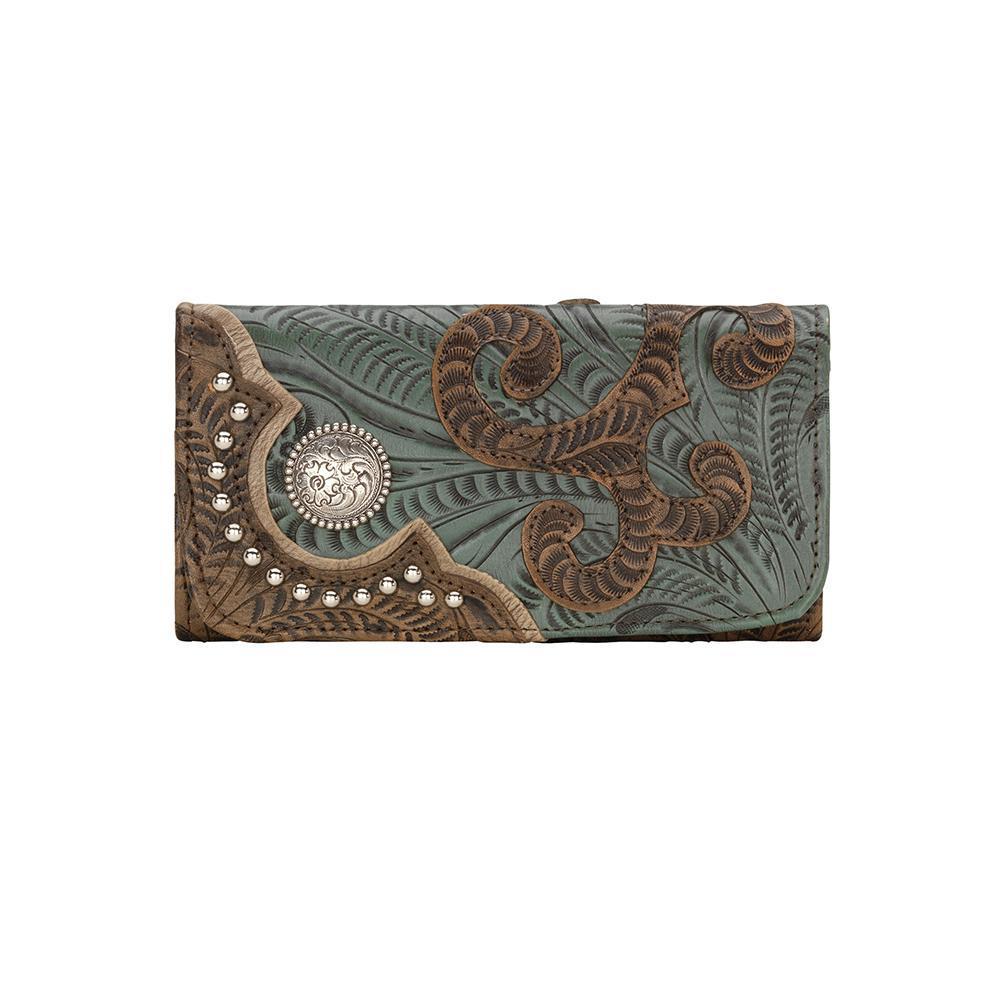 American West Annie's Secret Tri-Fold Wallet Tooled Decorated Turquoise