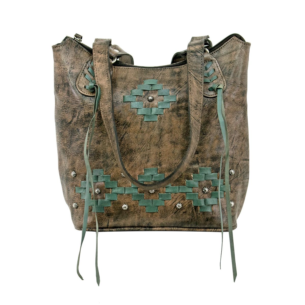 American West Handbag Zip Top Bucket Tote Distressed Charcoal  Brown #4483869