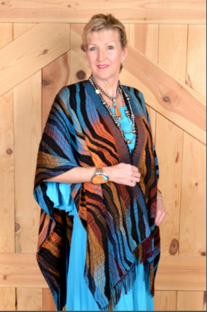 Rhonda Stark Italian Acrylic Knit Shawl Turquoise Wave Pattern with Fringe, Front