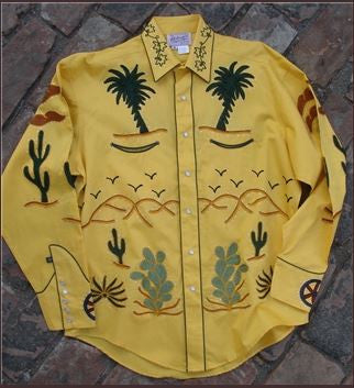 Vintage Inspired Western Shirt Mens Rockmount Embroidery Palm Trees Gold Front
