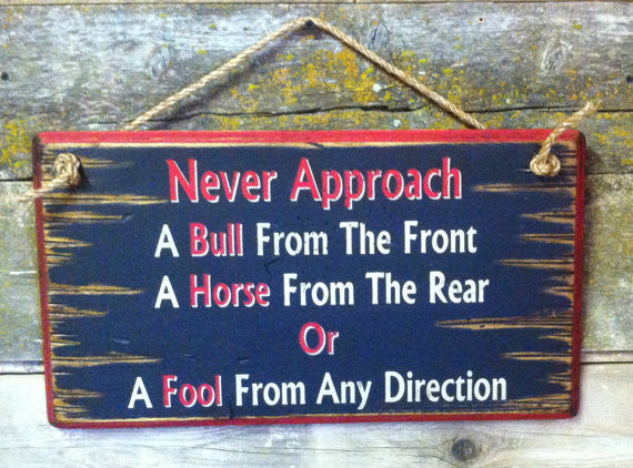 Western Wall Sign: Never Approach A Bull From The Front