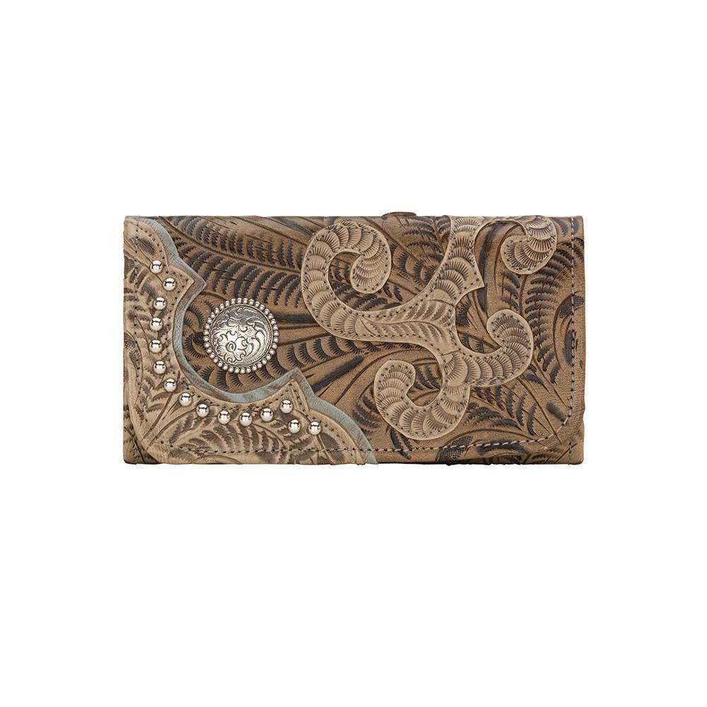 American West Annie's Secret Tri-Fold Wallet Tooled Decorated Sand