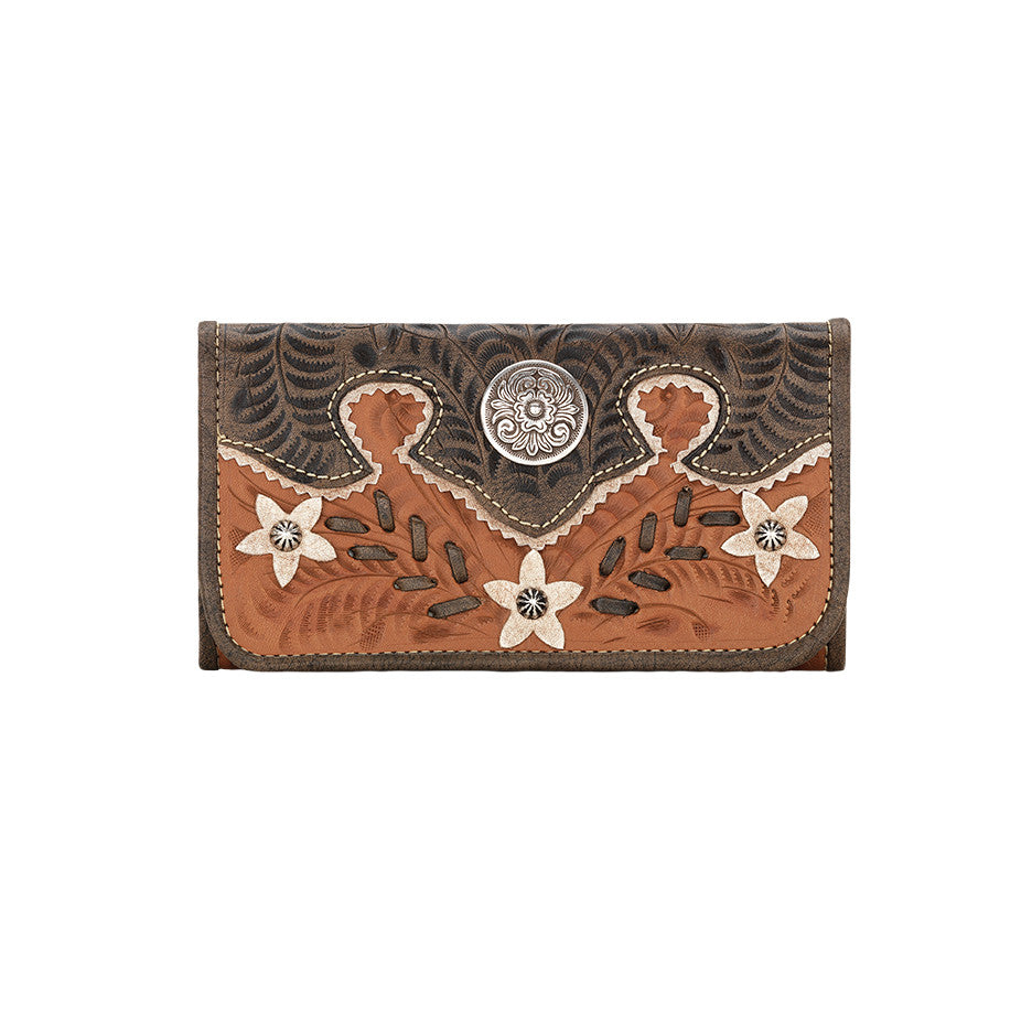 American West Handbag, Wildflower Desert Tri-fold Wallet Front Golden Tan