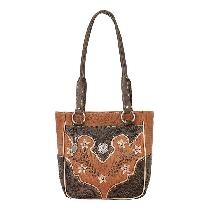 American West Handbag Wildflower Collection: Zip Top Shoulder Ivory Flowers Natural Tan Front