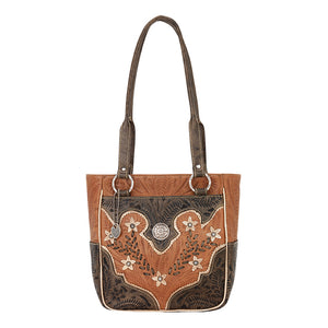 American West Handbag Wildflower Collection: Zip Top Shoulder Ivory Flowers Natural Tan Front