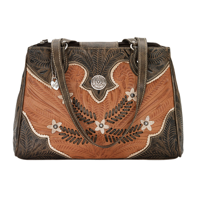 American West Handbag, Desert Wildflower Collection: Multi-Compartment Organizer Tote Front Golden Tan