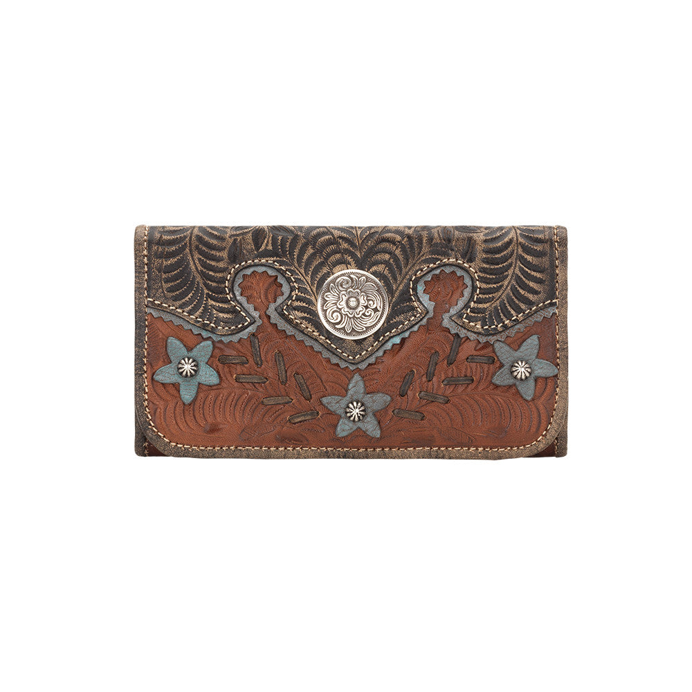 American West Handbag, Wildflower Desert Tri-fold Wallet Front Antique Brown