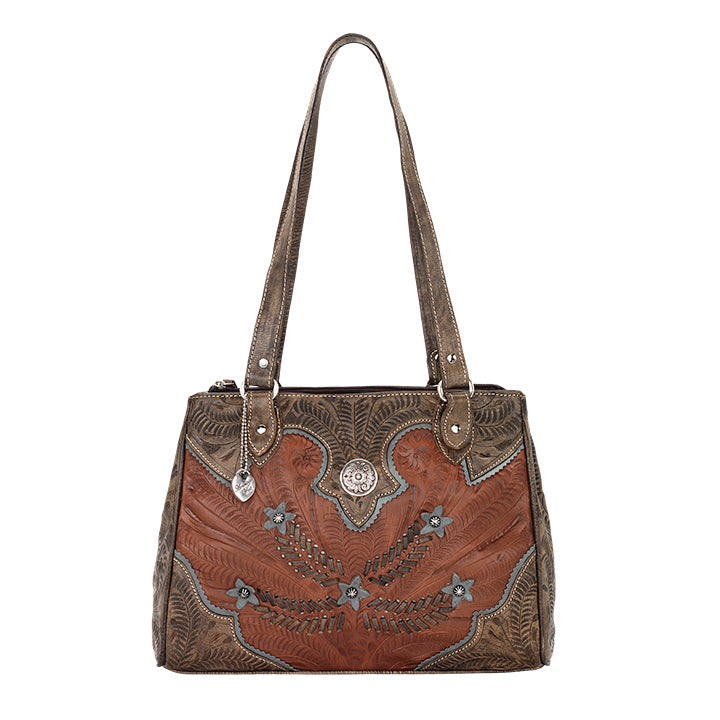 American West Handbag, Desert Wildflower Collection: Multi-Compartment Organizer Tote Front Antique Brown 