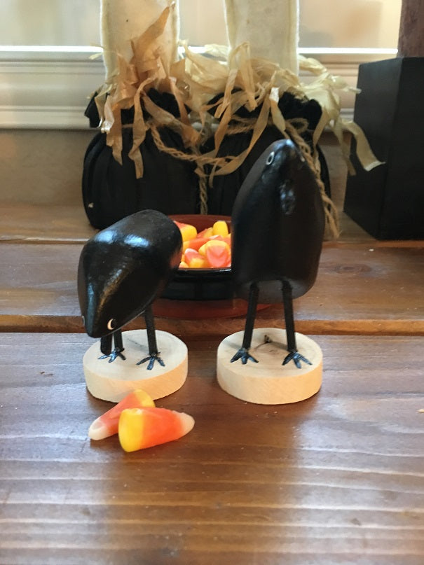 Edith John Hand Carved Crows XSmall Pecking and Standing Front